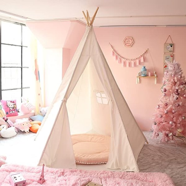 Teepee Play Tent Foldable for Kids with Banners - Super Large, for at Least 2 Children - CPST Certificated (5 Poles - 85 Inches Height - Tarp Bottom)