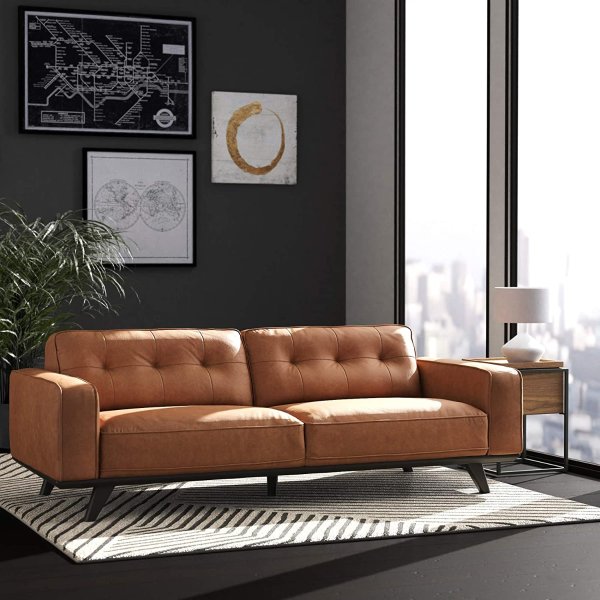 Bigelow Modern Leather Sofa Couch with Wood Base, 89.4"W, Cognac / Espresso