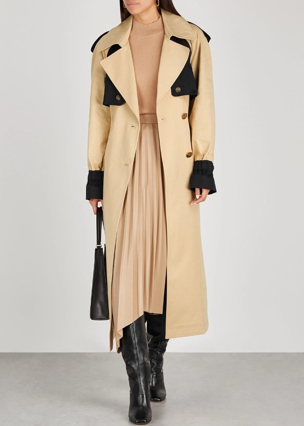 Paige sand and black twill trench coat