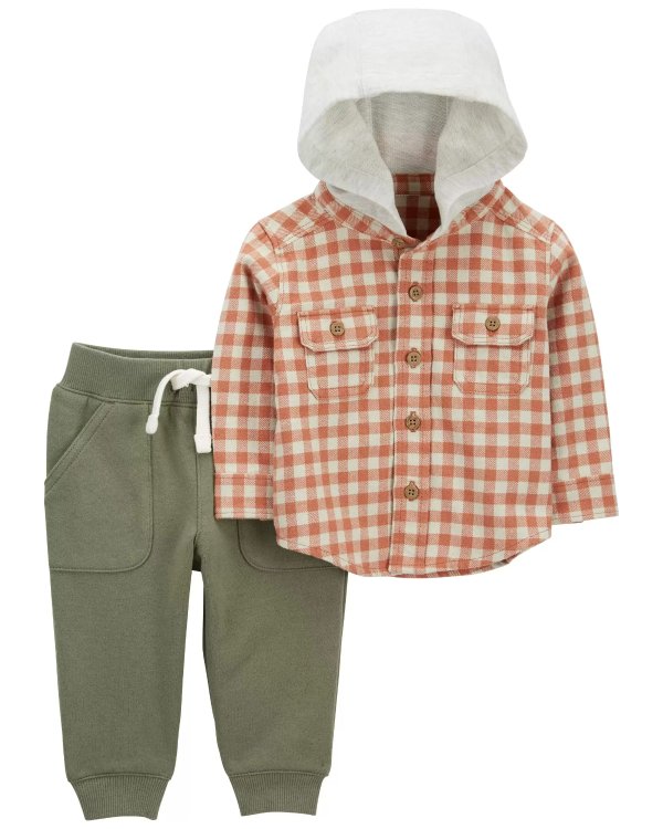 2-Piece Plaid Hooded Shirt & Fleece Pant Set