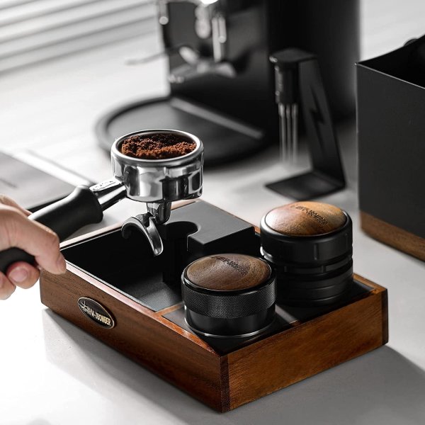 MHW-3BOMBER Espresso Tamping Station Wooden Espresso Knock Box and Tamp Station 51/54/58mm Coffee Portafilter Holder Espresso Tamper Stand Small for Home Kitchen CH5434