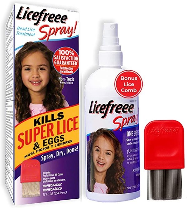 Licefreee Spray Family Size Lice Treatment for Kids & Adults, Easy Use Lice Spray Kills Head Lice, Eggs, Super Lice on Contact, Includes Metal Lice Comb, Multiple Treatments, 12 oz