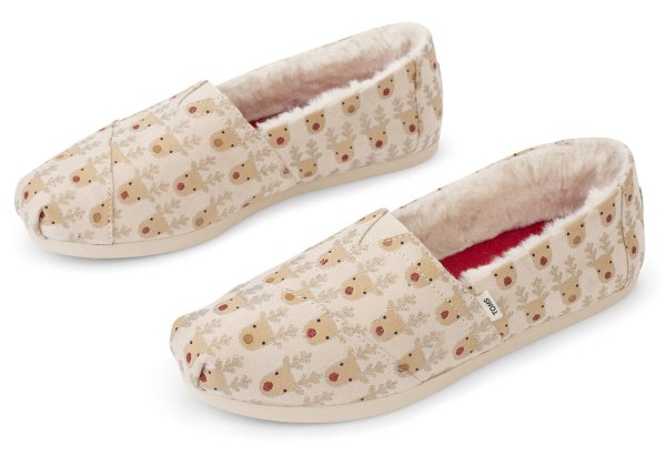 Natural Reindeer Faces Print and Faux Fur Women's Classics | TOMS
