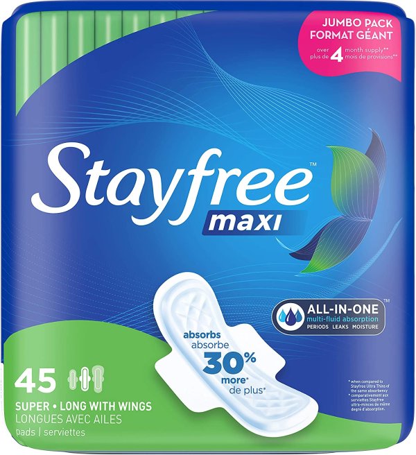 Maxi Super Long Pads with Wings For Women, Reliable Protection and Absorbency of Feminine Periods, 45 count