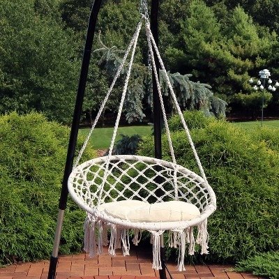 Hanging Bohemian Macrame Rope Chair with Seat Cushion - Off White - Sunnydaze Decor