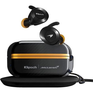 KlipschT5 II True Wireless Sport Earphones McLaren Edition with Dust/Waterproof Case & Earbuds, Best Fitting Ear Tips, Ear Wings, 32 Hours of Battery Life, & Wireless Charging Case