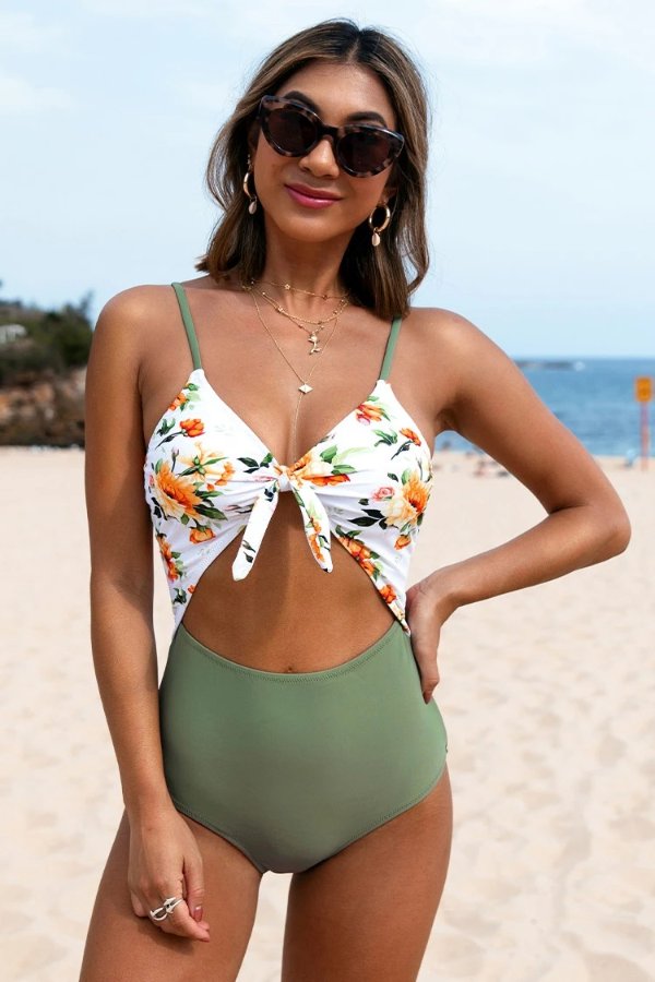 Green and Floral Knotted One-Piece Swimsuit