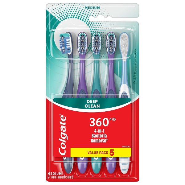 360 Whole Mouth Clean Toothbrush, Adult Medium Toothbrushes, 5 Pack