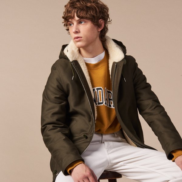 Hooded parka with sheepskin lining