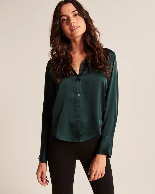 Women's Long-Sleeve Satin Button-Up Shirt | Women's Clearance | Abercrombie.com
