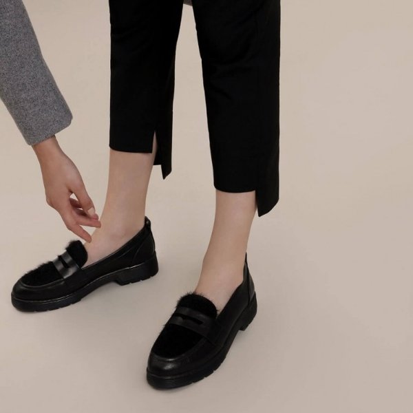 Black Furry Penny Loafers | CHARLES & KEITH