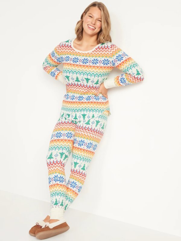 Printed Thermal-Knit Long-Sleeve Pajama Top for Women