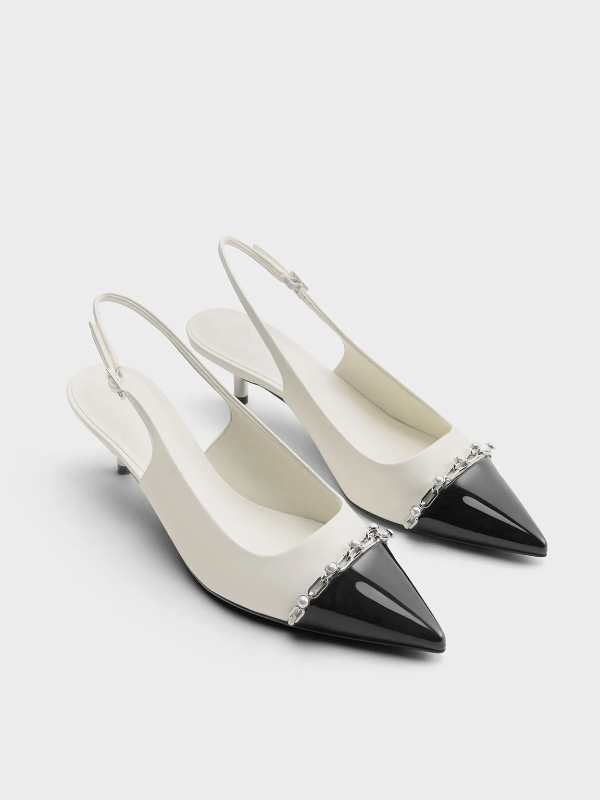 Patent Pearl Chain-Link Slingback Pumps - White