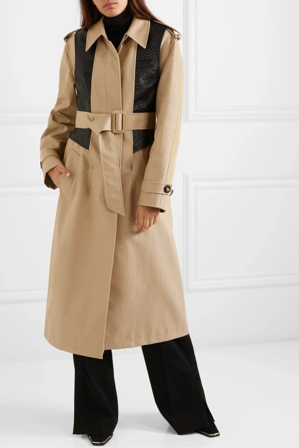 Layered cotton-blend gabardine and ostrich-effect leather trench coat