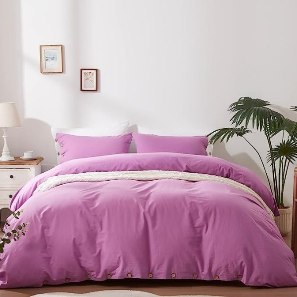SunStyle Home 100% Washed Cotton Duvet Cover Set Breathable Soft Queen Purple Duvet Cover 3 Pieces Solid Color Bedding Set with Buttons Closure Comforter Cover Set (1 Duvet Cover +2 Shams)