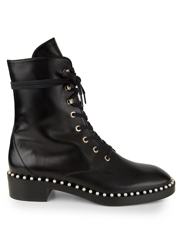 Sondra Faux Pearl-Embellished Leather Combat Boots