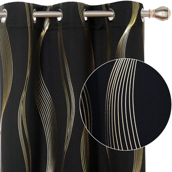 Deconovo Blackout Curtains with Stripe Golden Print 42x84"