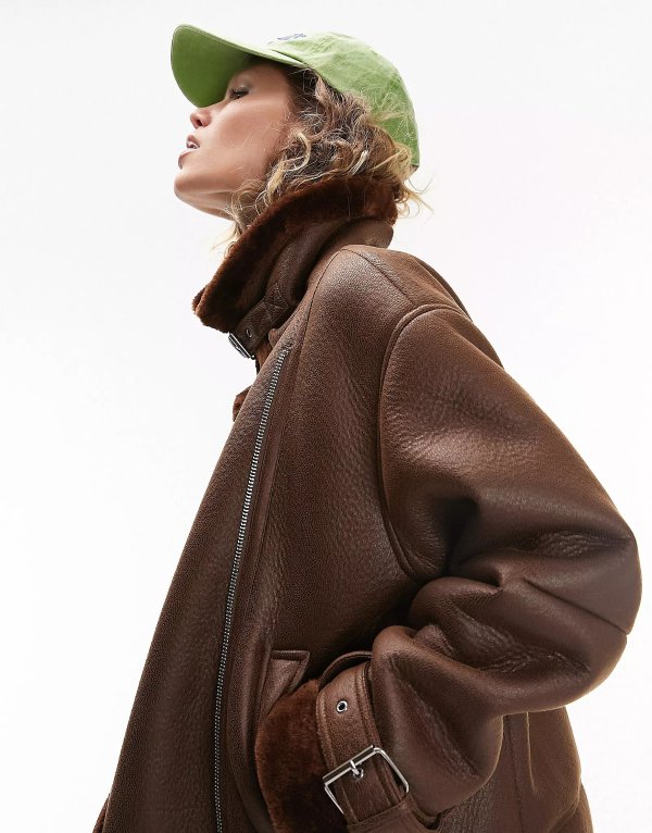faux leather shearling aviator biker jacket in chocolate