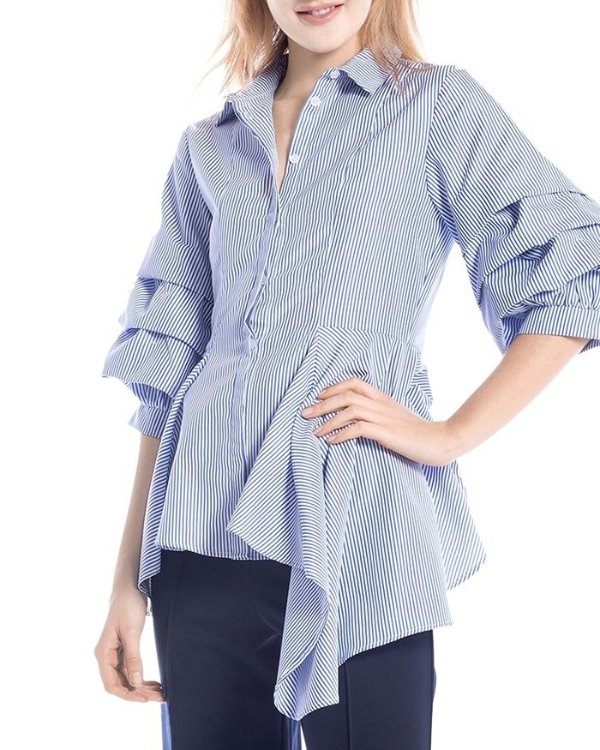 Striped Gathered Sleeve Peplum Shirt (26% off) – Comparable value $67.50