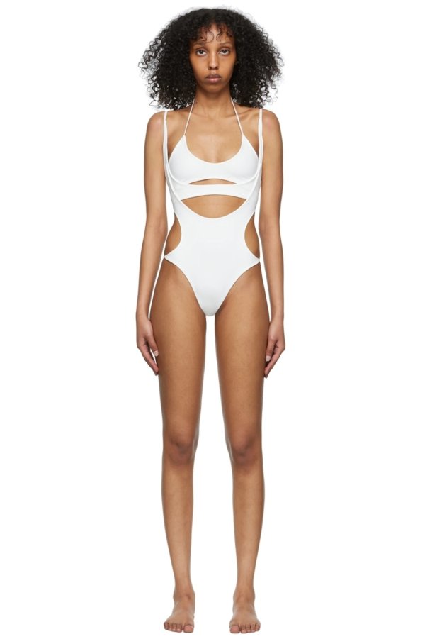 White Polyester One-Piece Swimsuit