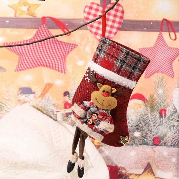 Checkered Christmas Stocking - Decorative Gift Bag for Children with Santa Claus Design, Ideal for Candy and Presents