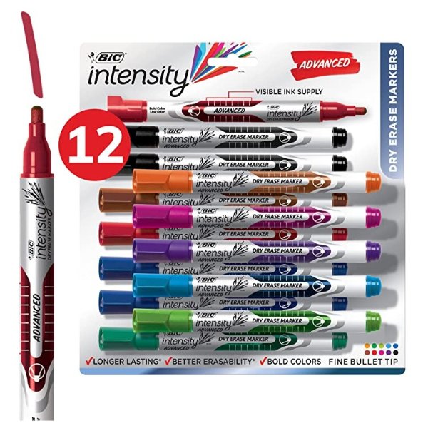 Intensity Advanced Colorful Dry Erase Markers, Fine Bullet Tip, 12-Count Pack of Assorted Colors, Whiteboard Markers for Teachers and Office Supplies