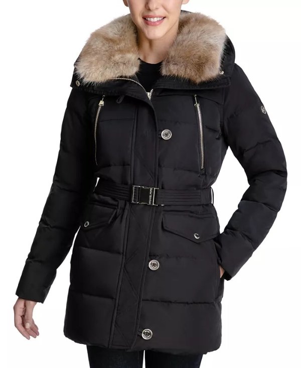 Michael Michael Kors Women's Black Scuba Stretch Quilted Belted Coat with  Hood