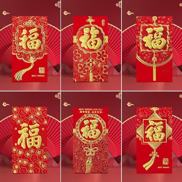 36 Pcs Luxurious Chinese Red Envelopes for Money 2024 Dragon Lunar New Year, Chinese Red Pockets Hong Bao Gift Money Envelopes Lucky Money Envelopes with 6 Different Gold Embossed Fu Patterns