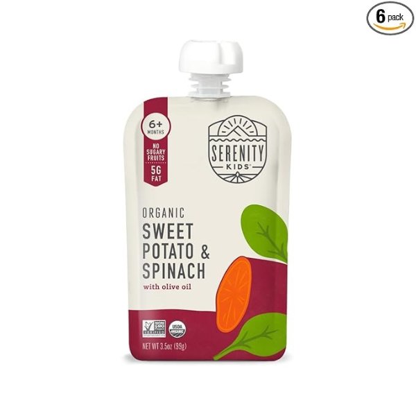 Serenity Kids 6+ Months USDA Organic Veggie Puree Baby Food Pouches | No Sugary Fruits or Added Sugar | Allergen Free | 3.5 Ounce BPA-Free Pouch | Sweet Potato & Spinach | 6 Count