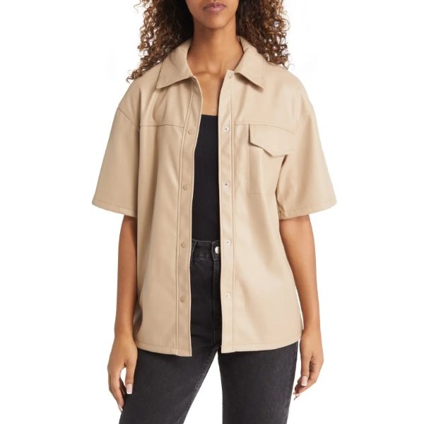 Oversize Faux Leather Snap-Up Shirt