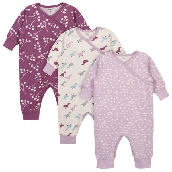 3-Piece Baby Girls Comfy Stretch Ducklings Organic Coverall Set