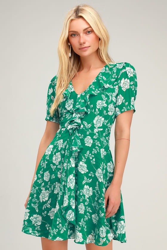 Ximena Green Floral Print Ruffled Short Sleeve Mini Dress