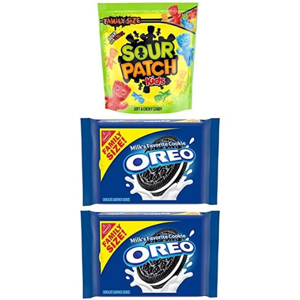 OREO Original Chocolate Sandwich Cookies & SOUR PATCH KIDS Candy Sweet & Sour Snacks Variety Pack, Family Size, 3 Packs