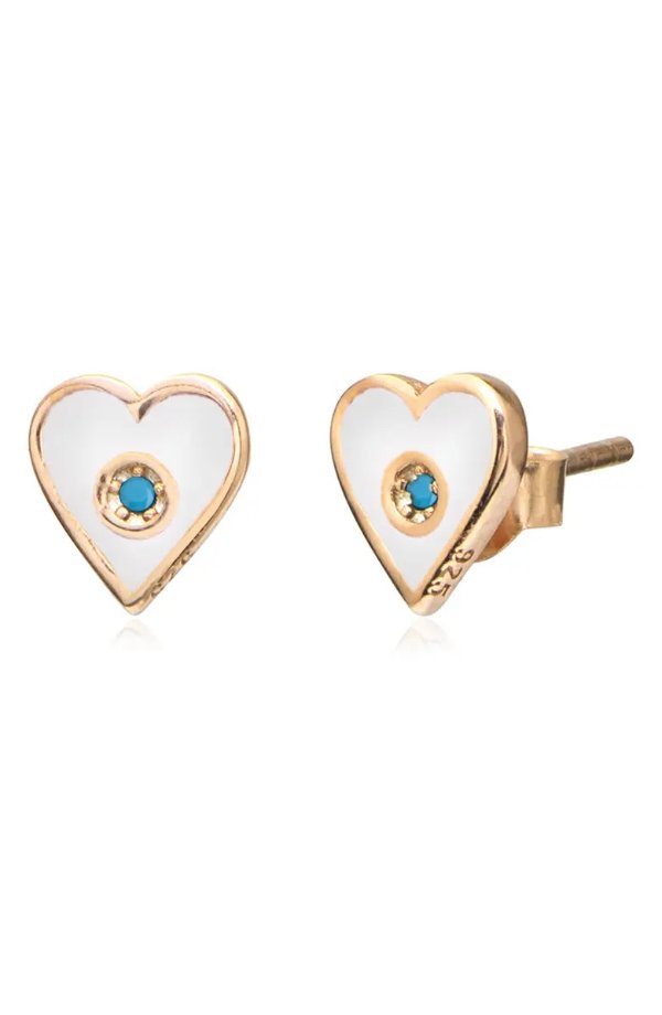 14K Gold Plated Sterling Silver White French Enamel & CZ Heart Stud Earrings