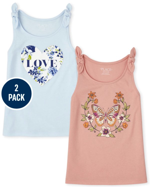 Girls Mix And Match Sleeveless Love And Butterfly Tie Shoulder Tank Top 2-Pack | The Children's Place