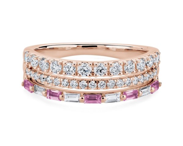 Three Row Stacked Pink Sapphire Baguette and Pave Diamond Ring in 14k Rose Gold