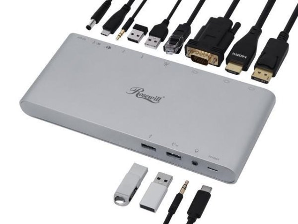 12-Port Laptop Docking Station, 4K Ultra HD MST Hub, Supports 3 Video Outputs, Fast Charging 100W USB-C Power Delivery, HDMI/DisplayPort/VGA, Audio, 6 USB Ports, 2 Power Modes - (RHUB-22001)