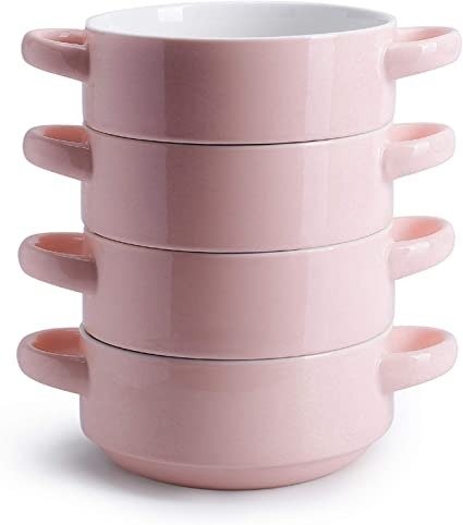 108.108 Porcelain Bowls with Handles - 20 Ounce for Soup, Cereal, Stew, Chill, Set of 4, Pink