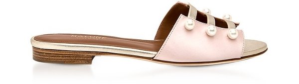 Leather Flat Sandals w/Pearls