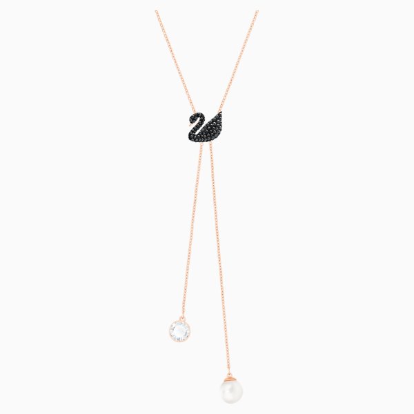 Iconic Swan Y Necklace, Black, Rose-gold tone plated by