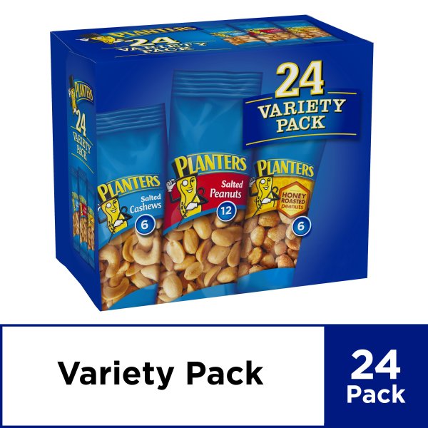 Nut 24 Count-Variety Pack, Salted Peanuts, Honey Roasted Peanuts & Salted Cashews Ready-to-Go Sleeves, 40.5 oz Multi-Pack Box