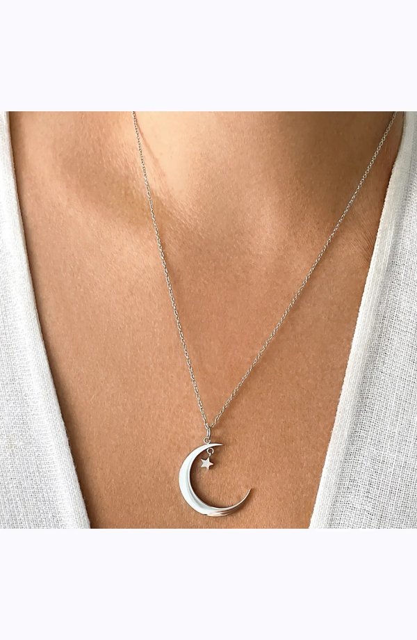 Hanging Moon & Star Silver Necklace