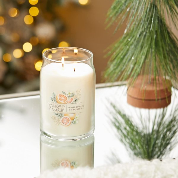 White Spruce & Grapefruit Scented, Signature 20oz Large Jar 2-Wick Candle, Over 60 Hours of Burn Time Yellow, Christmas | Holiday Candle