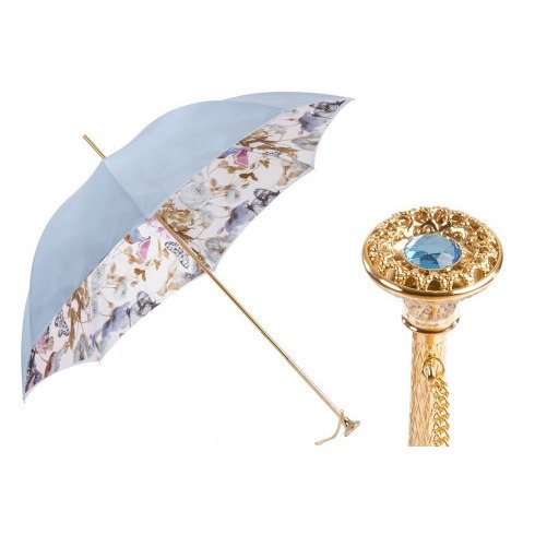 Pasotti Light Blue Nature Umbrella with Butterflies, Double Cloth