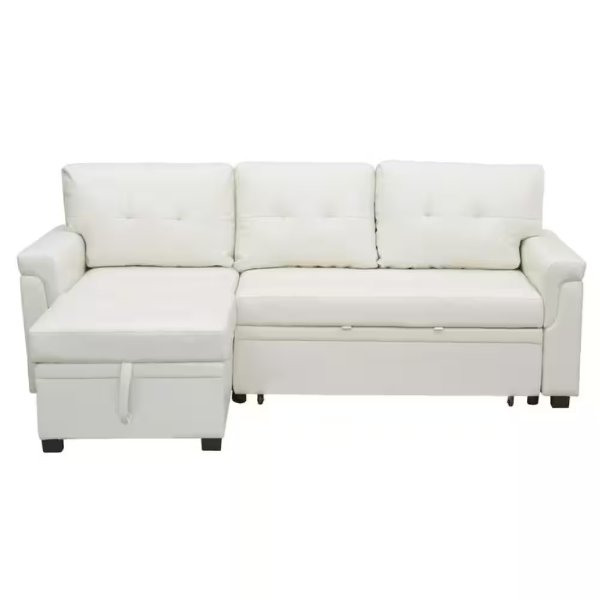 78 in. W Stylish Reversible Velvet Sleeper Sectional Sofa Storage Chaise Pull Out Convertible Sofa in White