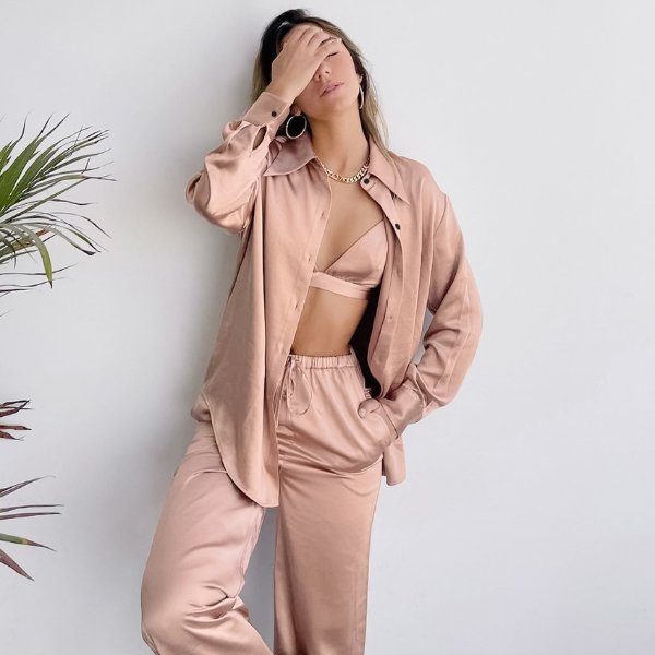 19.36US $ 60% OFF|Restve Satin Pajamas For Women 3 Piece Set Turn Down Collar Long Sleeve Tops Bra Female Sets With Pants Solid Home Wear Casual - Pajama Sets - AliExpress
