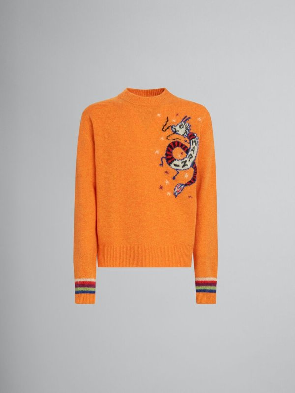 Orange wool jumper with jacquard dragon