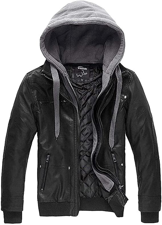 Men's Faux Leather Jacket with Removable Hood Motorcycle Jacket Vintage Warm Winter Coat
