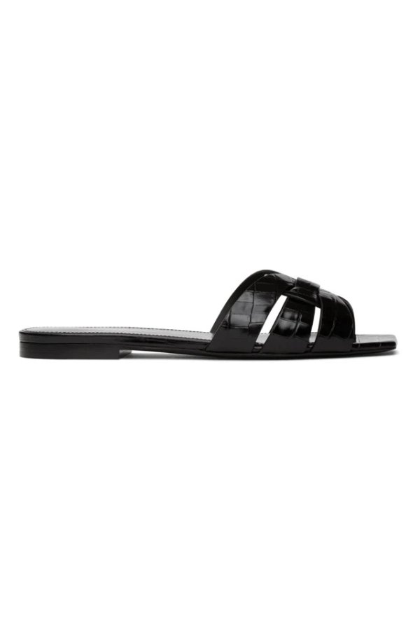 Black Croc Tribute Flat Sandals