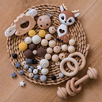 Baby Silicone Beads Kit DIY Nursing Accessories Crochet Bead Infant Grab Wooden Rattle Toys Shower Gift